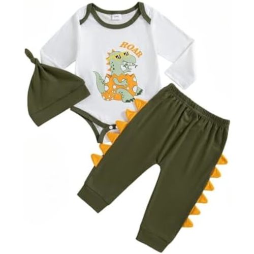 NZRVAWS Baby Boy Clothes Outfits Long Sleeves Infant Romper Fall Winter Print Pant Set Hat 3Pcs 3 6 12 18M