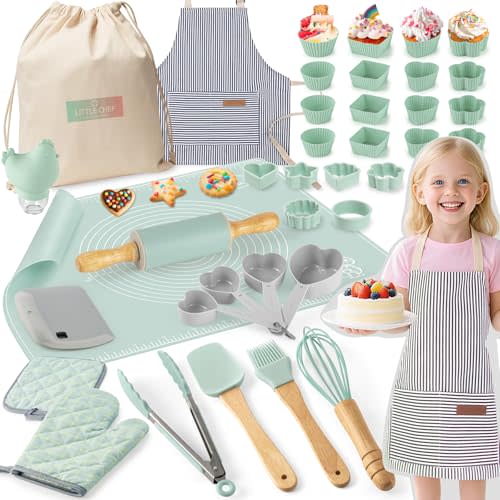 Ultimate Baking Kit for Kids - 38 Piece Kitchen Tools, Food Grade Silicone, BPA/BPS Free - Real Cooking Set for Ages 8-12 - Girls Boys Birthday Stocking Stuffer - Sage Green