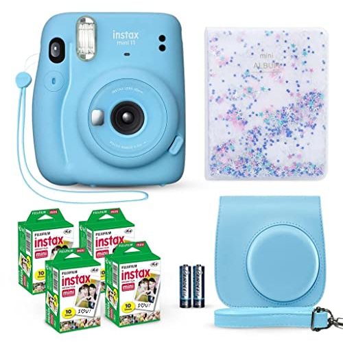 Fujifilm Instax Mini 11 Instant Camera Sky Blue + Fuji Film Value Pack (40 Sheets) + Shutter Accessories Bundle, Incl. Compatible Carrying Case, Quicksand Beads Photo Album 64 Pockets