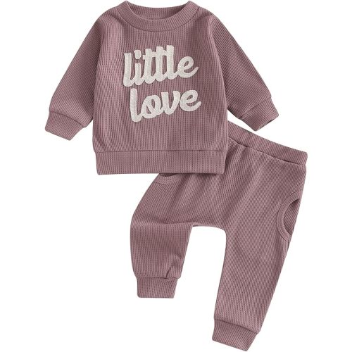 Winioder Baby Girl Boy Fall Clothes Cute Letter Embroidery Long Sleeve Sweatshirt Pants Set Toddler 2Pcs Waffle Knit Outfit