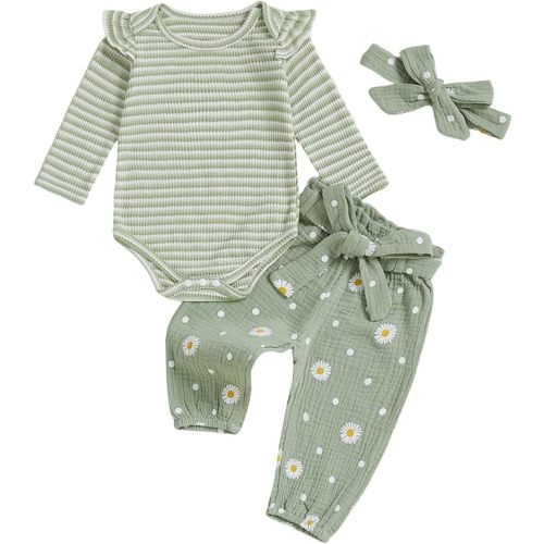 Kaipiclos Newborn Infant Girl Clothes Rib Knit Romper Daisy Print Pants Headband Baby Clothes for Girls 0 3 6 12 18 24 Months