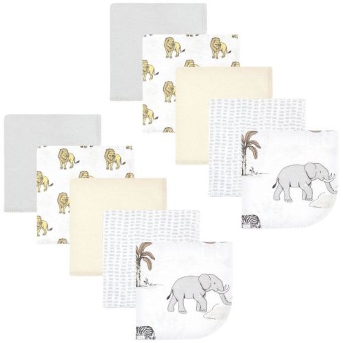 Hudson Baby Cotton Poly Flannel Washcloths, Neutral Safari World 10-Pack, One Size