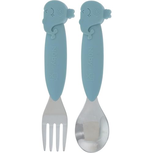 Nuby Animal Friends Silicone and Stainless Steel Fork and Spoon Set - 12+ Months - Blue Whale
