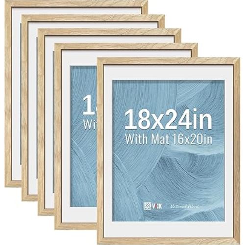 VCK 18x24 Poster Frame 5 Pack - Natural Wood Grain, High-End Wood Picture Frames with Polished Plexiglass, Display 16x20 Photo with Mat or 18x24 without Mat, Art Gallery-Quality, Wall Hanging, Natural