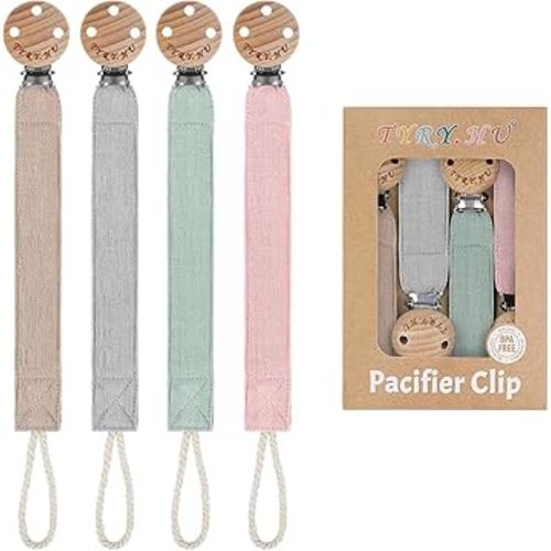 TYRY.HU Ribbon Pacifier Clip Holder,4 Pack Binky Paci Holder Clips, Pacifier Leash for Boys and Girls, Soft Webbing Strap Universal Fits for Most Pacifier, Styles & Teethers(Khaki,Grey,Green,Pink)