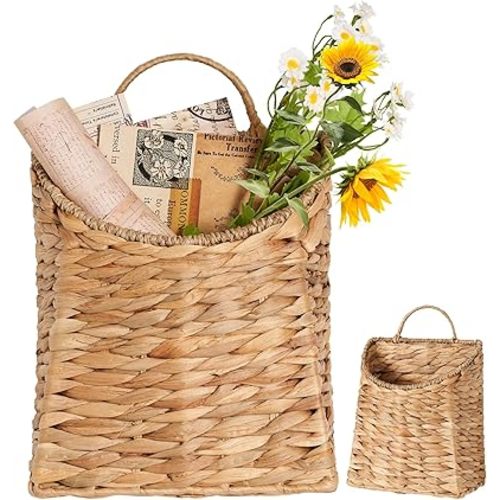 Hanging Basket for Front Door, 10.5"H Woven Wall Baskets for Flowers & Mails, Handwoven from Water Hyacinth Reed, Hangable Mount Storage Organize for Home, Garden, Pantry, Farmhouse.