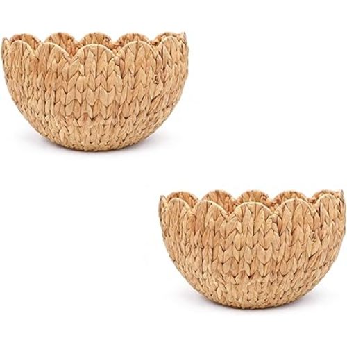 Hanging Wall Basket, Handwoven Water Hyacinth Scalloped Basket, Decorative Wall Organizer and Planter for Entryway Mail Plants Bathroom, Natural Color, 16" D x 10" W x 7" H, 2 Pack