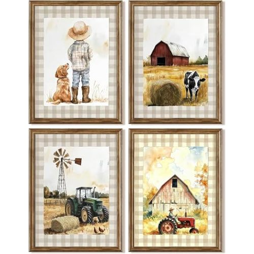 Farm Nursery Wall Art ,Watercolor Country Farmhouse Canvas Prints, Cow Tractor Barn Windmill Little Boy with Dog Poster, Rustic Farm Animal Wall Decor for Toddler Boys Bedroom Playroom Classroom,Set of 4,Unframed 8x10 Inch