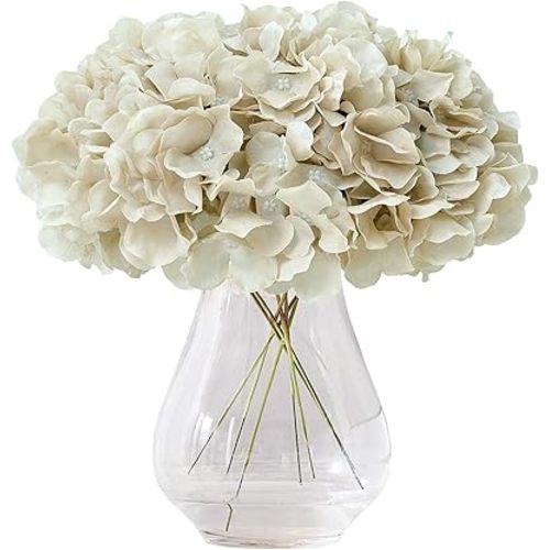 10Pcs Hydrangea Artificial Flowers Beige Heads Fake Silk Flowers Full Silk Flowers with Stems Wedding Home Party Shop Baby Shower Decor