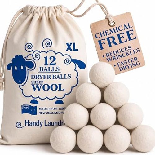 Handy Laundry Wool Dryer Balls - Natural Fabric Softener, Reusable, Reduces Clothing Wrinkles and Saves Drying Time, Better Alternative to Plastic Balls and Liquid Softener (Pack of 12)