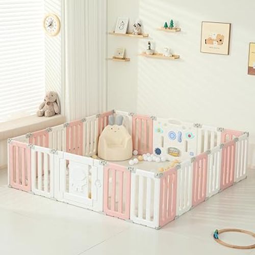 22 Panels Baby Play Pen, Extra Large Baby Playpen, Foldable Astronauts Play Pens for Babies and Toddlers, Adjustable Portable Fence Gate Playpen Yard, Pink