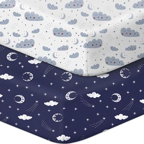 Baby Crib Sheets 2 Pack for Boys and Girls, Soft Microfiber Breathable Baby Sheet, Fits Standard Crib Toddler Mattress 28x52x8in(Starry Sky & Clouds)