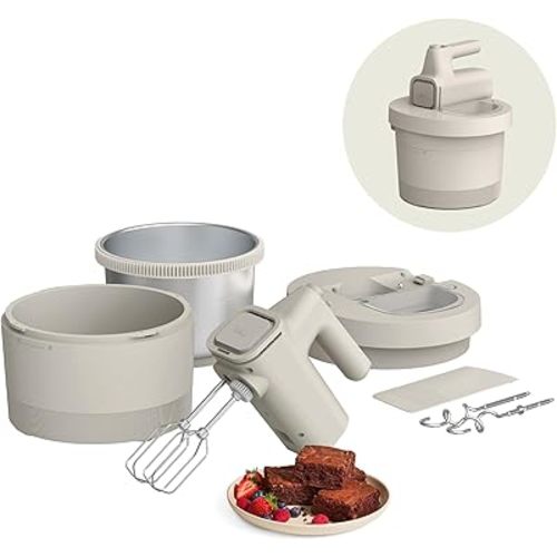 bella 3.5 Qt Hand Blender & Stand Mixer, 2 in 1 Electric Mixer with Bowl, Dough Hook, Whisk & Egg Beater, Multifunctional Handheld Blender & Mixer for Baking, 200 Watt, Oatmilk