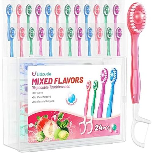 24 Pack 5-in-1 Disposable Toothbrushes with Toothpaste, Floss, Pick & Tongue Scraper, Portable Mini Toothbrush Travel Set for Kids Adults, Individually Wrapped, Work Camping, Mixed Flavor