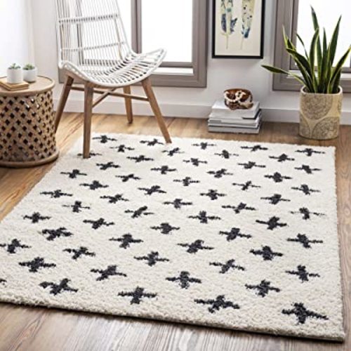 Livabliss Area Rugs - 5x7 Soft Mora Moroccan Boho Black Cream Shag Rug for Living Room Bedroom - Geometric Plush Pile Stain Resistant Bohemian Carpet for Dining Room, Nursery and Office (5'3" x 7')