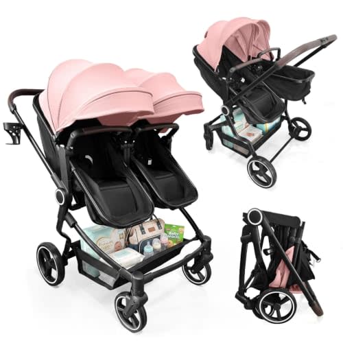 Double Stroller for Infant and Toddler (Pink, Double) | One-hand compact fold