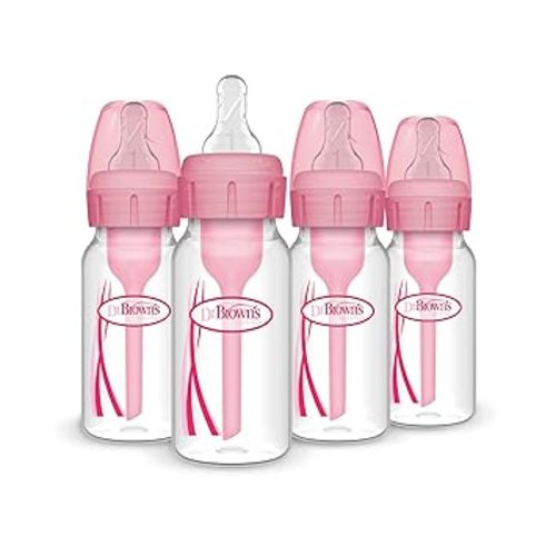 Dr. Brown's Natural Flow Anti-Colic Options+ Narrow Baby Bottle, 4 oz/120 mL, with Level 1 Slow Flow Nipple, Pink, 0m+, 4 Pack