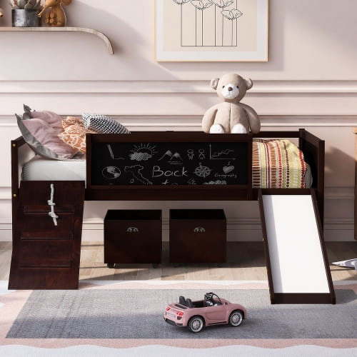 Low Loft Bed with Slide and Two Storage Boxes, Chalkboard, Wood Twin Size Loft Bed with Climbing Frame and Rope (Espresso, Loft Bed)