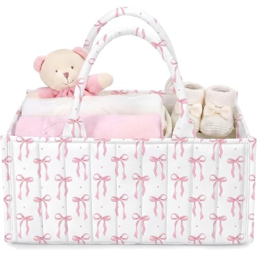 Shinylin Diaper Caddy Organizer with Pink Bow Portable Nursery Storage Basket with Handles and Removable Dividers Cute Storage Bin for Organizer Diaper Caddy Baby Wipes Baby Shower Gifts