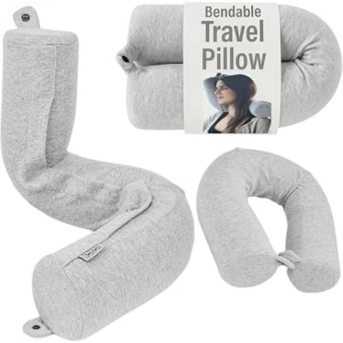 Dot&Dot Twist Memory Foam Travel Pillow, Bendable Neck Pillow for Airplane, Car and Home, 26-Inch Adjustable Roll with Washable Cotton Cover, Gray