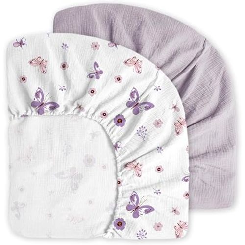 Little Grape Land Muslin Crib Sheets Fitted for Boys and Girls 2 Pack, 100% Cotton Baby Bed Sheets Soft Breathable, Neutral Fitted Baby Mattress Sheets for Standard Crib 52x28 inches, Purple Butterfly