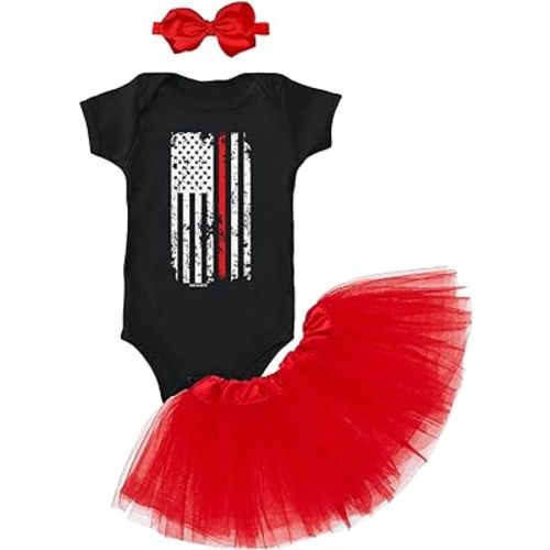 Haase Unlimited Red Line American Flag - Support Firefighters Baby Bodysuit + Tutu Skirt + Bow Headband Set