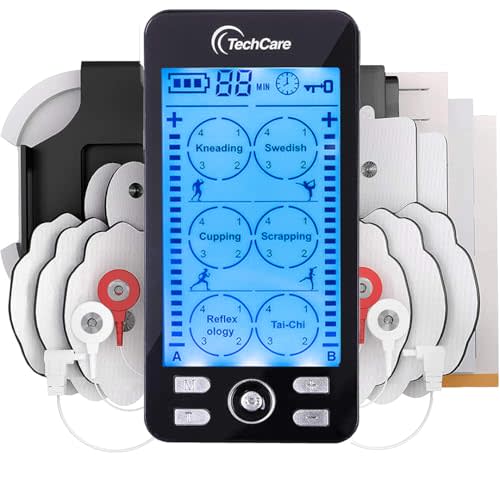 TechCare TENS EMS Muscle Stimulator – Dual Channel Rechargeable Unit with 24 Modes & 20 Intensity Levels for Pain Relief, Back & Sciatica Therapy, Muscle Recovery & Massage