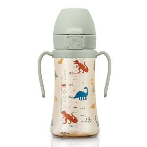 GROSMIMI PPSU Baby Straw Cup Stage 2, 12M+, Spill-Proof, 10oz (Dinosaur) | Flip-Top | Babies & Toddlers 12+ Months | Removable Rotating Handles | Silicone Straw | BPA-Free Sippy Cup | 300ml