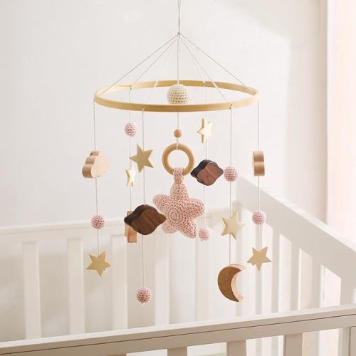Baby Crib Mobile for Boys Girls| Boho Nursery Mobile| Gender Neutral Hand-Crocheted Mobile| Ceiling Mobile - Stars, Clouds, Moon (Pink) - Galaxy Crib Mobile Pink