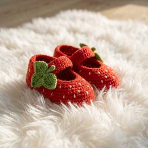 Hand-Crocheted Strawberry Baby Booties, Red Fruit Shoes, Newborn Girl Gift