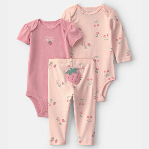 Baby Girl 3-Piece Strawberry Bodysuit & Pant Set - Pink | Carter’s Oshkosh Canada