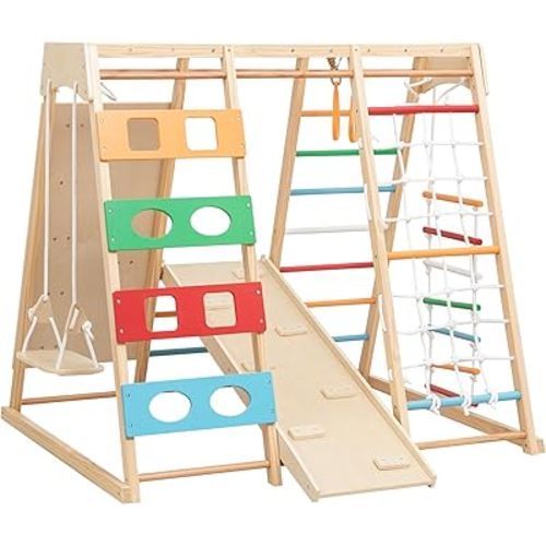 MulinsonFly 9-in-1 Toddler Indoor Jungle Gym & Playground Set, Wooden Climbing Toy with Slide, Swing, Climbing Net, Rings – Montessori-Inspired Kids Playset for Indoor Fun & Development, Ages 3-8