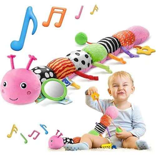 HEMRLY Baby Girl Toys for 0-6 Months, Musical Plush Caterpillar Infant Sensory Toy with Baby Mirror&Crinkle Rattle,Pull String,Teething, Tummy Time Newborn Gifts for 0-3-6-12 Boys Girls - Pink Branch