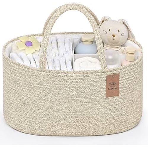 Baby Diaper Caddy Organizer, Cotton Rope Diaper Basket, Baby Basket for Changing Table, Nursery, Car, Changing Table Storage Bin With Removable Divider, Baby Shower Gifts for Newborn, Baby Essentials