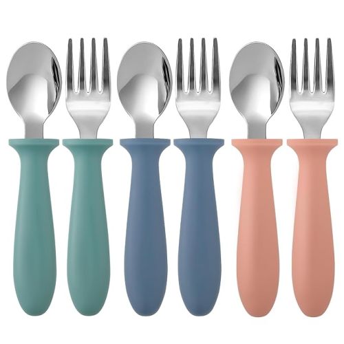 Pimoys 6 Pieces Toddler Utensils, Kids Silverware Set with Plastic Handle Stainless Steel Children Forks and Spoons, Dishwasher Safe