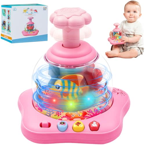 Ansee Baby Spinner Toy, Aquarium Themed Press & Spin Light Up Toy for 7 8 9 10 11 Months Babies, Spinning Toys for Infants with Music & Lights, Sensory Spinner Toys for Toddlers 1-3 (Pink)