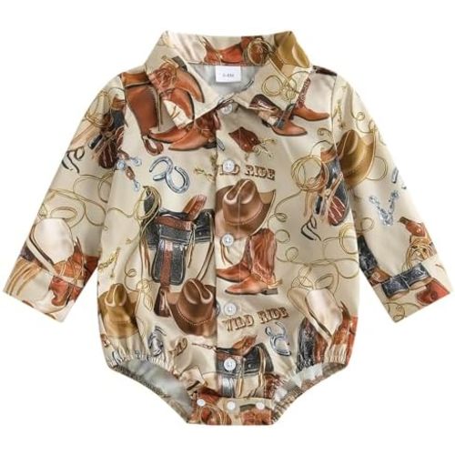 Kayotuas Western Baby Boy Clothes Cowboy Shirt Romper Long/Short Sleeve Button Down Dress Bodysuit Infant Gentleman Outfits