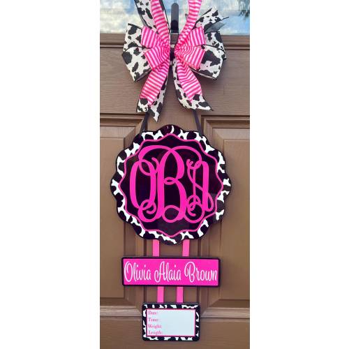 Cow monogram baby girl  door hanger, hospital door hanger, personalized baby girl name, newborn announcement