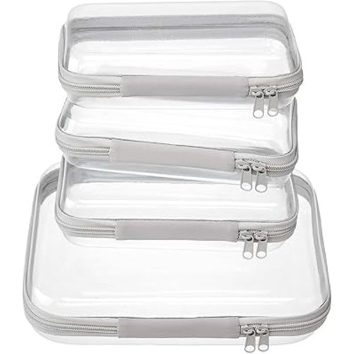 4 pcs Clear Zipper Pouches,Hard Shell Zipper Case, Toiletry Bag for Travel, CLear Diaper Bag, Toiletry Pouch, Travel Organizer, Clear Cosmetic Bag,Toy Storage Bins (M+3S) (Gray)