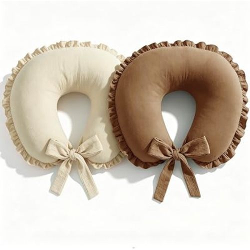 Hooyax Muslin Nursing Pillow Covers 2 Pack, Ruffle Breastfeeding Pillow Slipcovers with Extended Adjustable Strap, Soft Breathable Pillow Cover for Baby Boys Girls, Cream Caramel