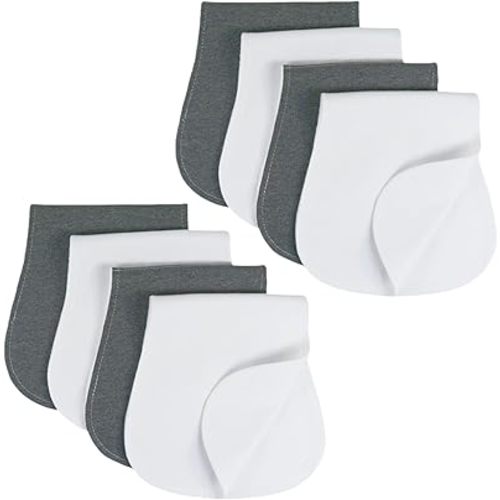 8 Pack Curved Burp Cloths 100% Cotton 19x9 Inch Neutral Colors Heather Gray and White 3 Layer Design with Waterproof Liner Non Slip Terry Backing Absorbent Newborn Baby Burping Cloths