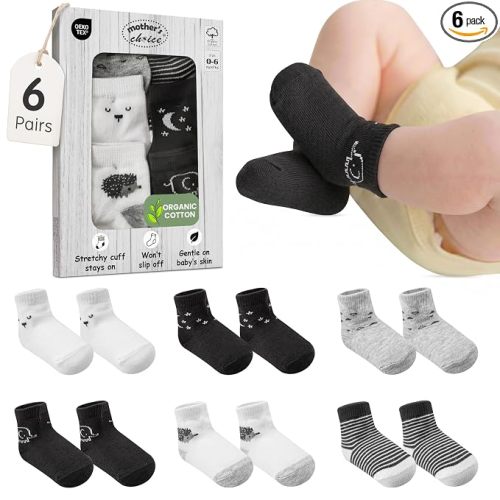 Organic Cotton Blend 6 Cotton Baby Sock 0-6M Shower Registry Gift | Oeko-Tex Certified, Ankle Socks, 6 Pairs, Newborn Socks Boys, Baby Boy Socks , Black- White- Grey For Baby Boys, 0-6 Month