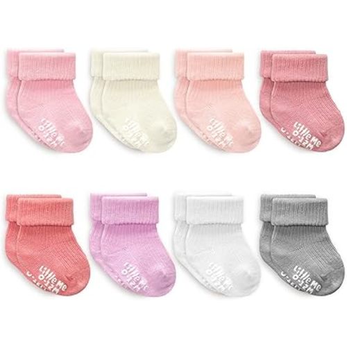 Little Me Baby Socks 16 Pairs | 61% Organic Cotton | Sizes 0-12M & 12-24M | Seamless Toe & Anti-Slip Gripper Sole