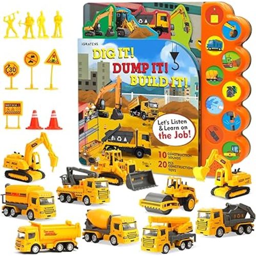 Construction Toys with Sound Books - Dig It! Dump It! Build It! Construction Board Book with 10 Buttons & 20 PCS Toys for 3+ Year Old, Great for Little Alloy Truck Lovers Kids