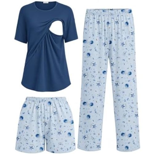 Conjunto de pijama de lactancia materna de manga corta para mujer, 3 piezas
