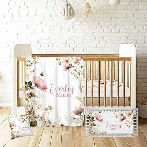 Personalized Baby Crib Bedding Sets for Girls – Custom Name 3 Pcs Wild Flower Nursery Set with Soft Blanket, Fitted Sheet & Pillowcase for Newborn or Infant Gift
