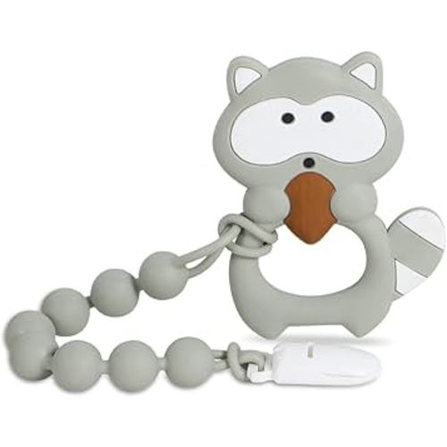 Baby Teething Toys,Food Grade Silicone Teether with One-Piece Pacifier Clip Holder,Shower Gift,Highly Effective Pain Relief for 3 Months+ Boy and Girl,BPA Free,Freezer Safe. (Gray Raccoon)