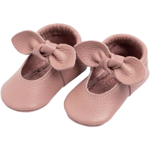 Freshly Picked First Pair Knotted Bow Baby Girl Leather Moccasins - Soft Sole Baby Shoes, Infant Shoes