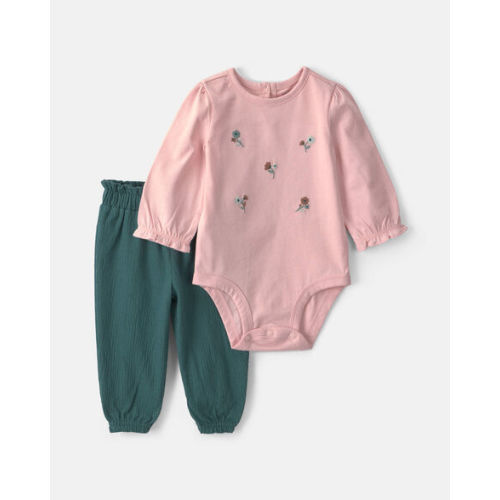 Baby Girl 2-Piece Floral Long-Sleeve Bodysuit & Pant Set - Pink/Green
