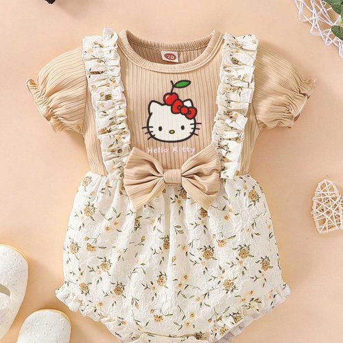 Sanrio Hello Kitty Baby Onesie(0-18 Months)Mock 2pcs Floral Layered Style Crotch Snap Buttons for Easy Changes Comfortable Modal Material Summer Must-have for Infants 2pcs Set, Perfect for Outdoor